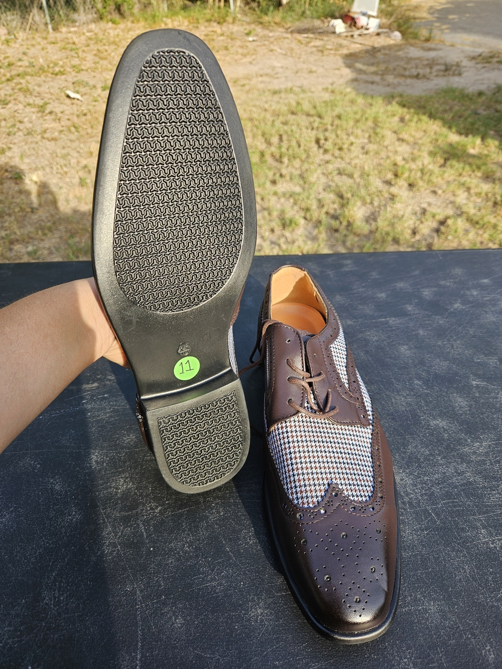 Men's Brown Wingtip Dress Shoes with Houndstooth Accent - Picture 2 of 2